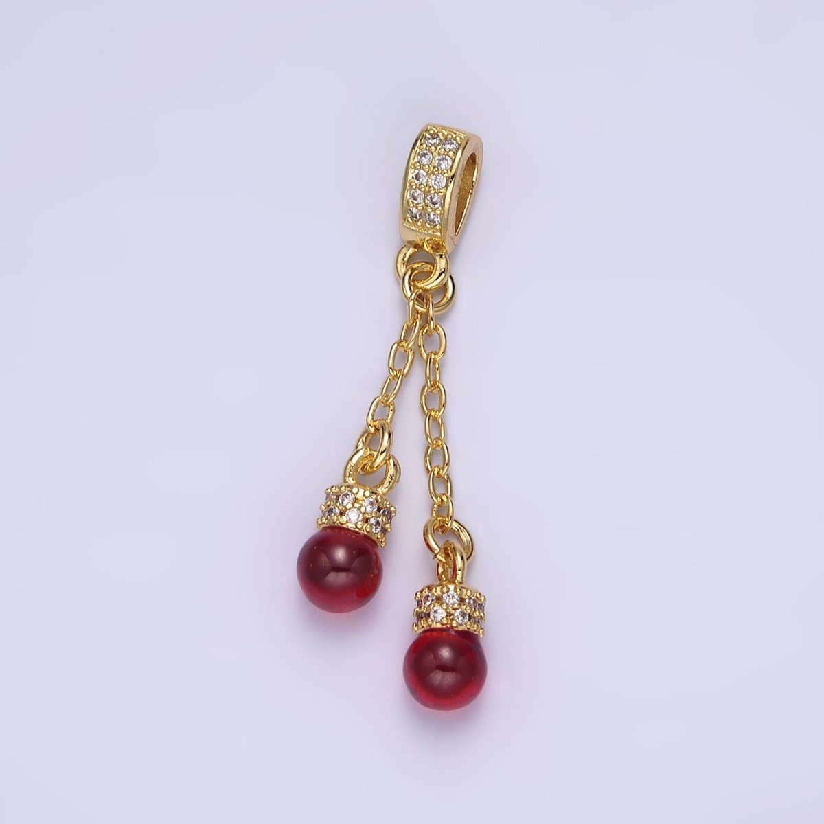 14K Gold Filled Double Red Carnelian Bead Cable Link Micro Paved CZ Bail Pendant | AA654 - DLUXCA