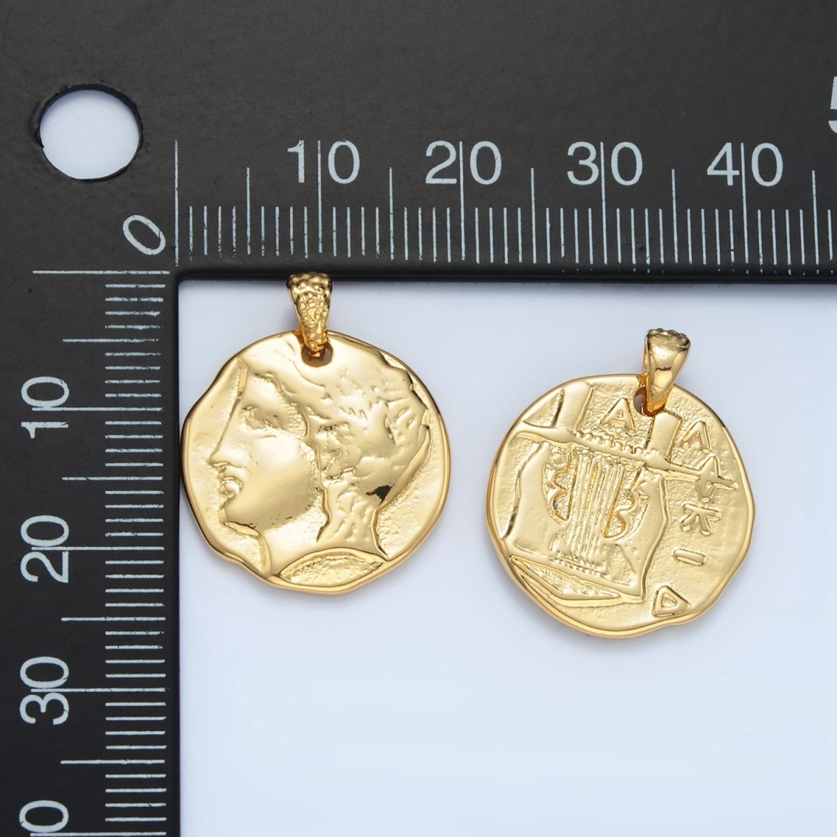 14K Gold Filled Double Sided Greek Portrait Architecture Hammered Pendant in Gold & Oxidized Silver | I523 I544