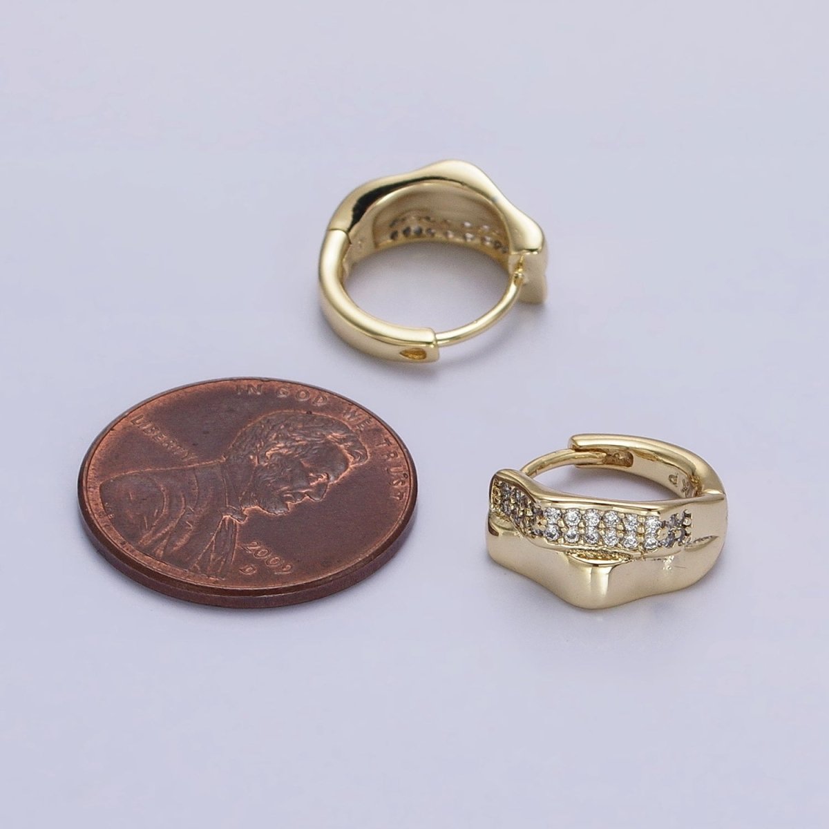 14K Gold Filled Double Wavy Band Micro Paved CZ Geometric Huggie Earrings | AB1524 - DLUXCA