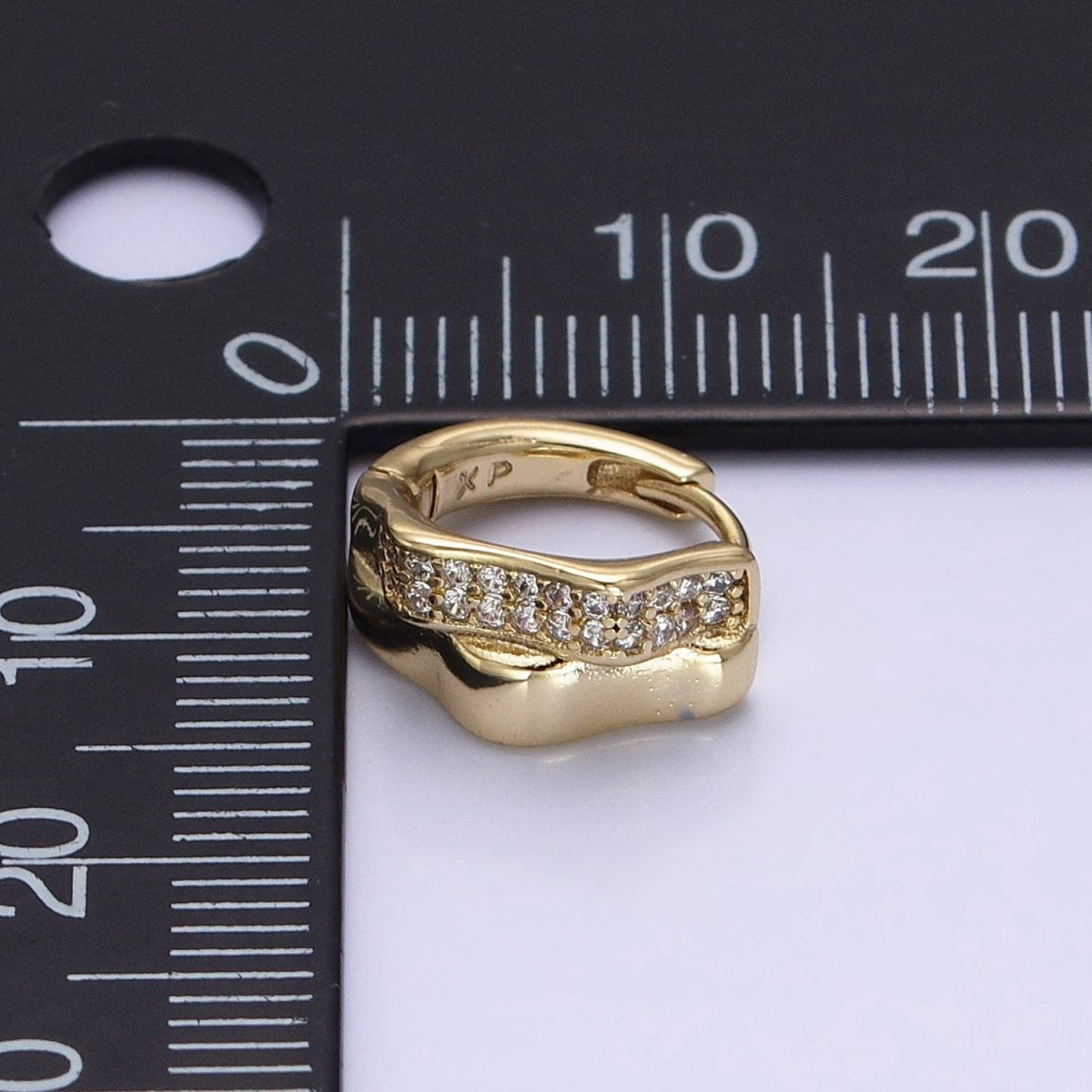 14K Gold Filled Double Wavy Band Micro Paved CZ Geometric Huggie Earrings | AB1524 - DLUXCA