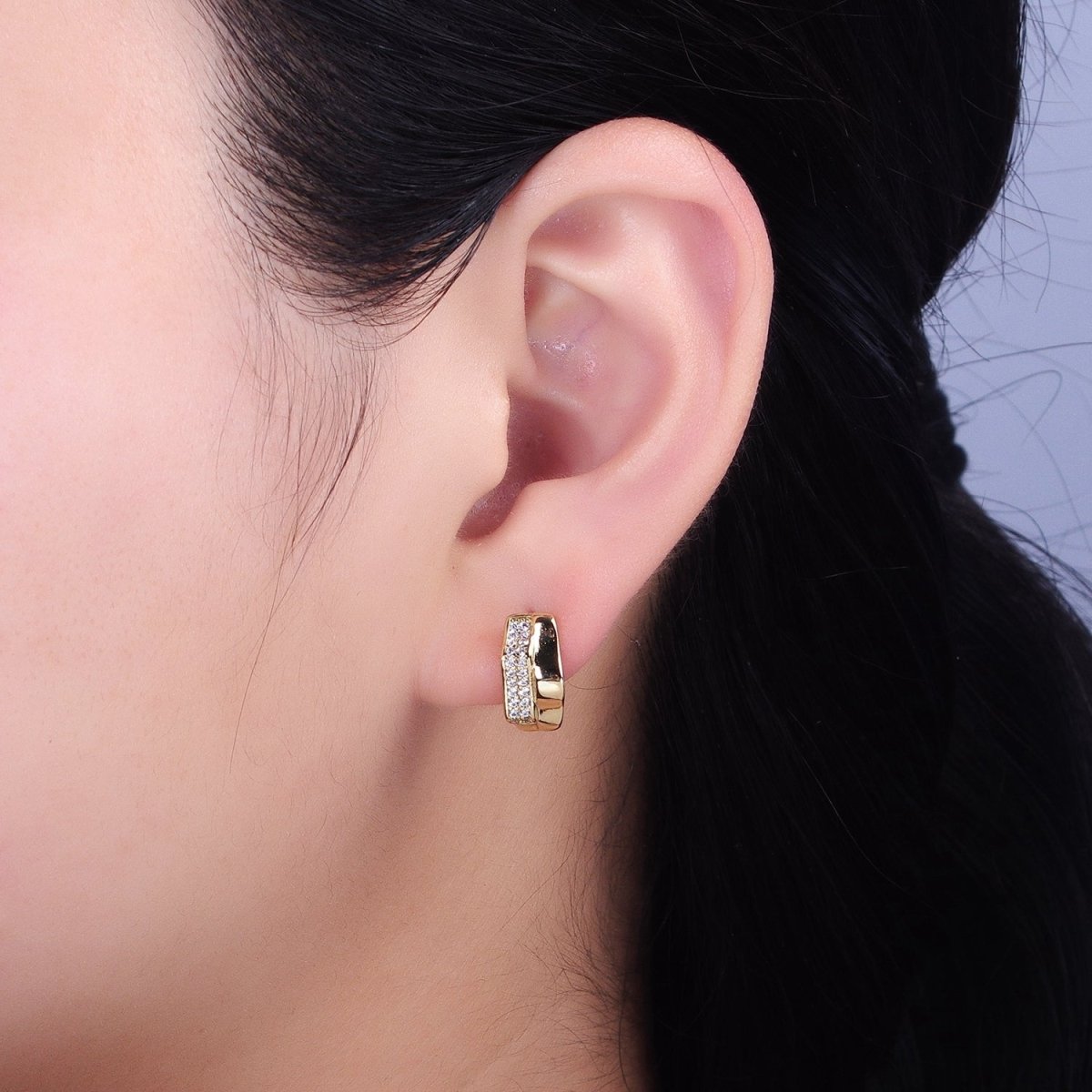 14K Gold Filled Double Wavy Band Micro Paved CZ Geometric Huggie Earrings | AB1524 - DLUXCA