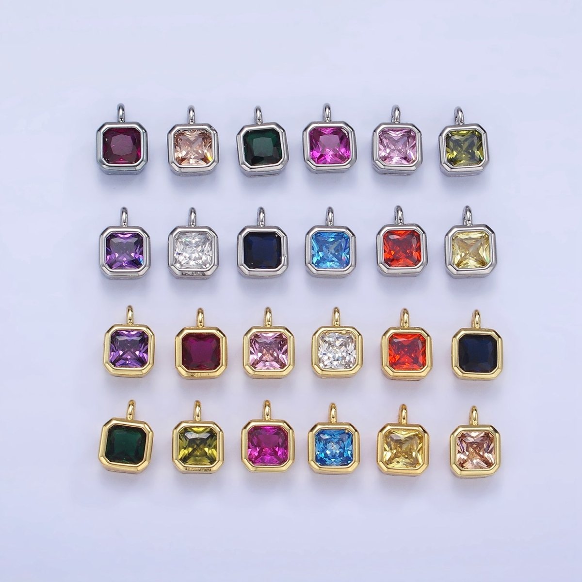 14K Gold Filled Birthstone CZ Square Edged Bezel Charm in Gold & Silver | W758 - W769
