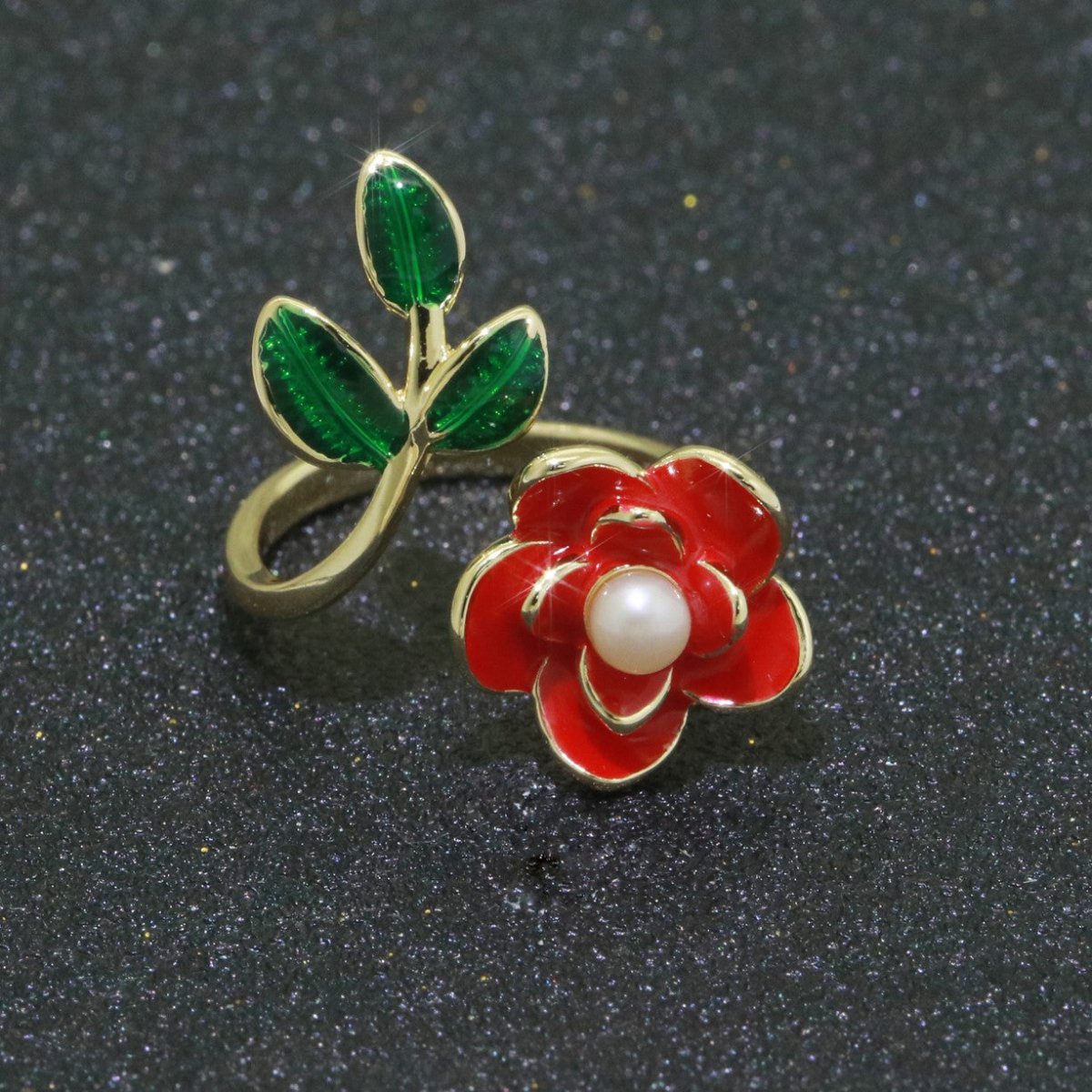 14K Gold Filled Enamel Pearl Rose Open Wrap Ring | S095-S098