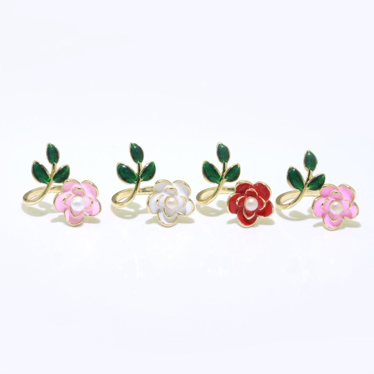 14K Gold Filled Enamel Pearl Rose Open Wrap Ring | S095-S098