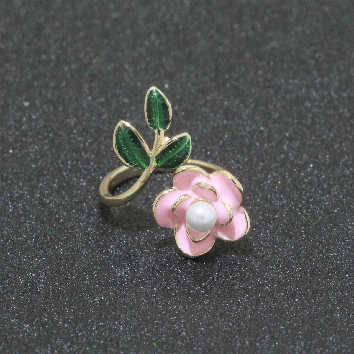 14K Gold Filled Enamel Pearl Rose Open Wrap Ring | S095-S098
