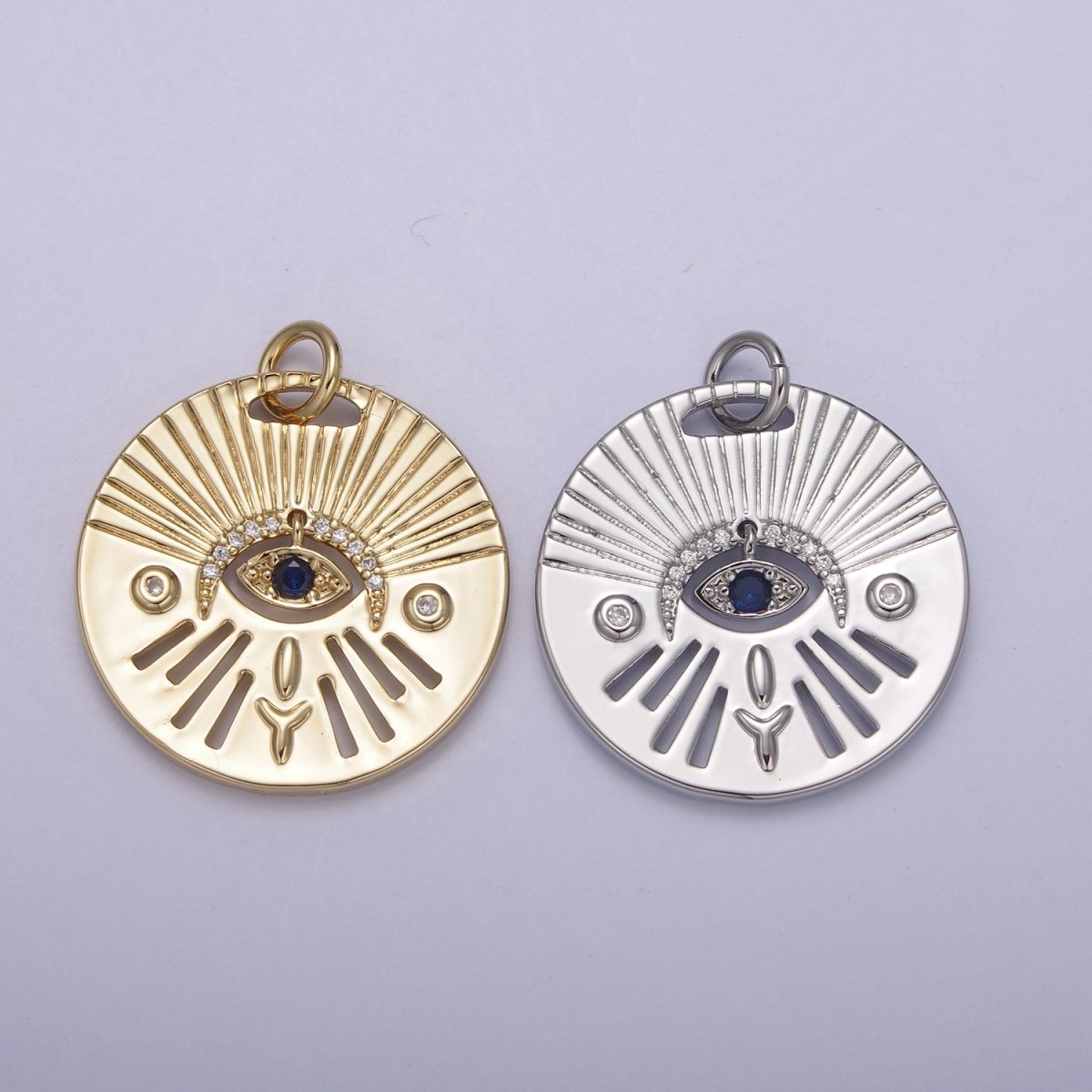 14K Gold Filled Evil Eye Charm, Gold Disc Evil Eye Pendant, Cubic Medallion Coin Charm, Amulet Talisman Pendant N-763 N-764
