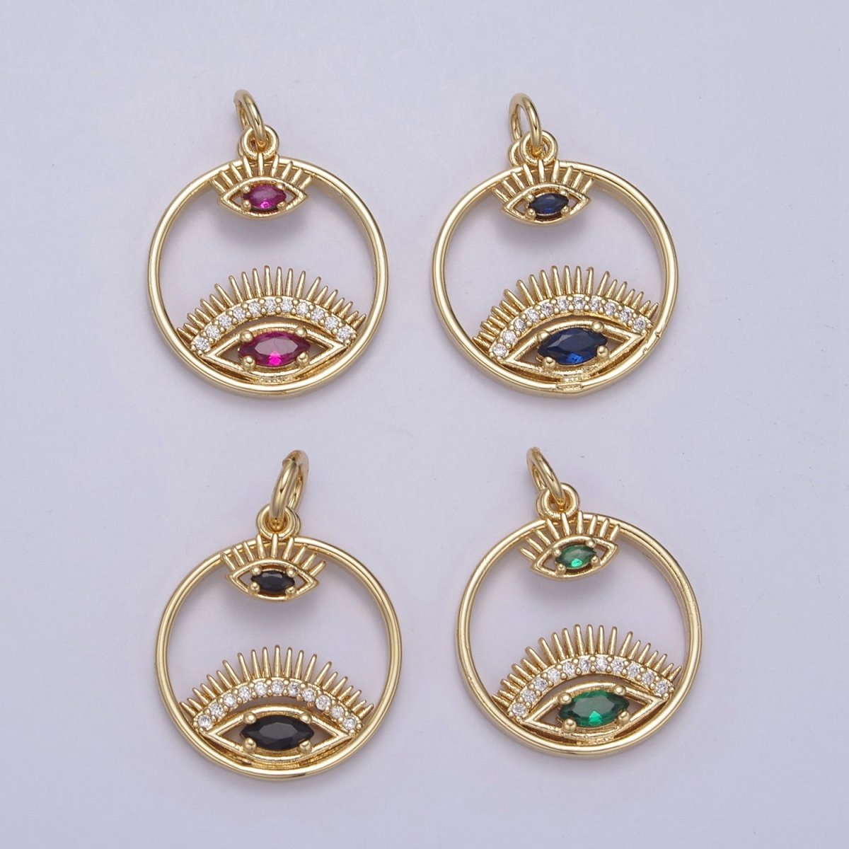 14K Gold Filled Evil Eye Charm Gold Disc Evil Eye Pendant, Cubic Medallion Coin, Double Eye Charm, Micro Pave Necklace Charm N-695 - N-698