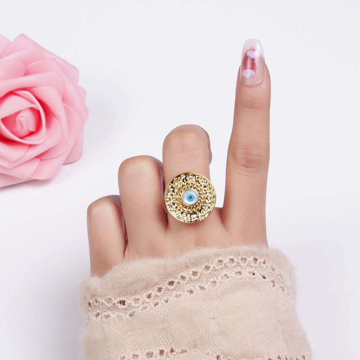 14K Gold Filled Evil Eye Curb Hammered Round Ring | O1341 - DLUXCA