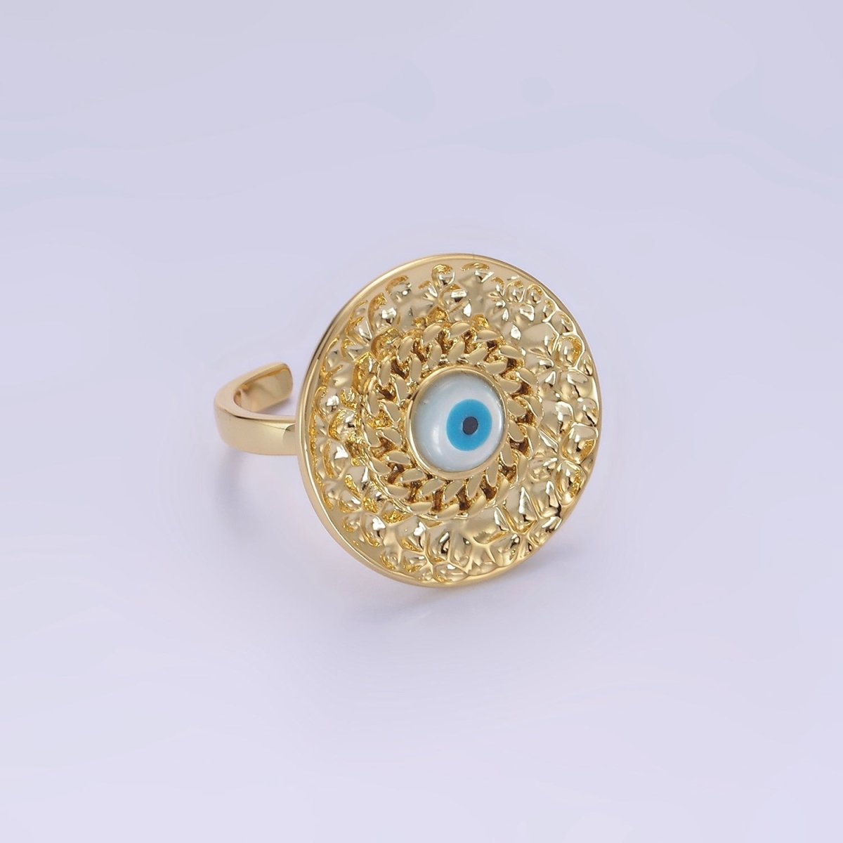 14K Gold Filled Evil Eye Curb Hammered Round Ring | O1341 - DLUXCA