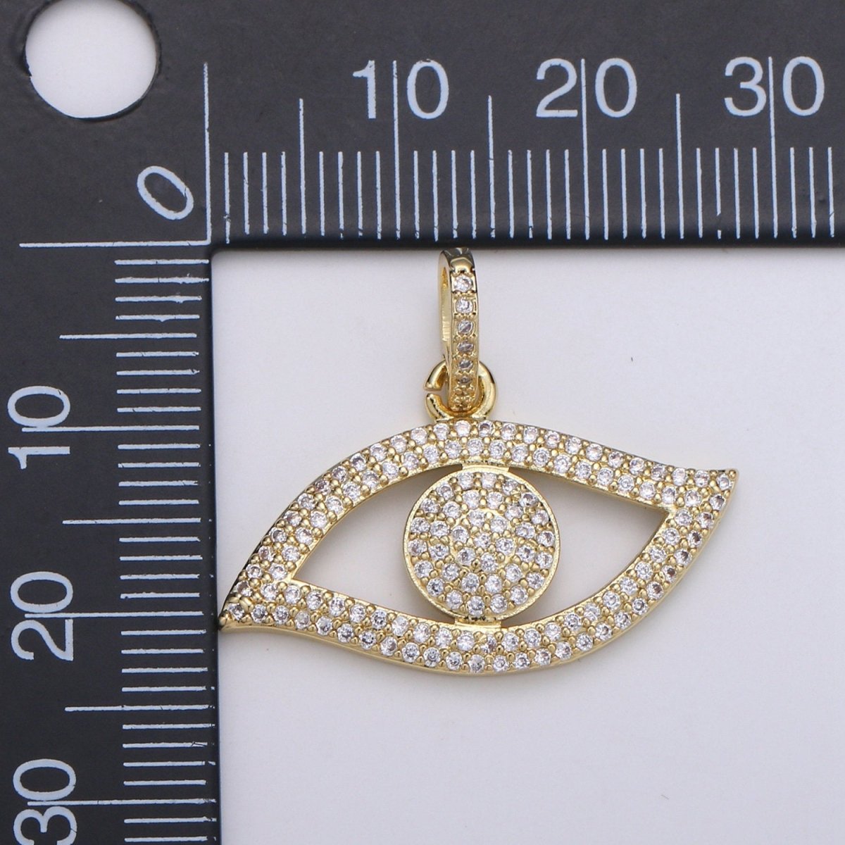14K Gold Filled Evil Eye CZ Micro Pave Pendant, CZ Micro Pave Left Eye Charm, Cluster Cubic Oeil Pendant, Ojo Micro Pave Charm J-055 - DLUXCA