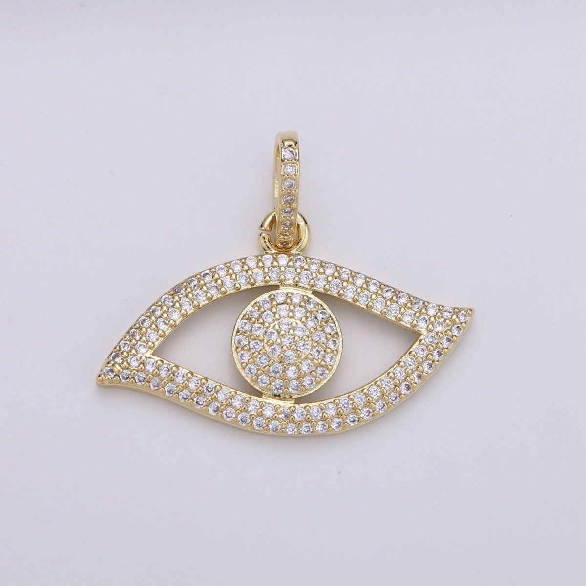 14K Gold Filled Evil Eye CZ Micro Pave Pendant, CZ Micro Pave Left Eye Charm, Cluster Cubic Oeil Pendant, Ojo Micro Pave Charm J-055 - DLUXCA