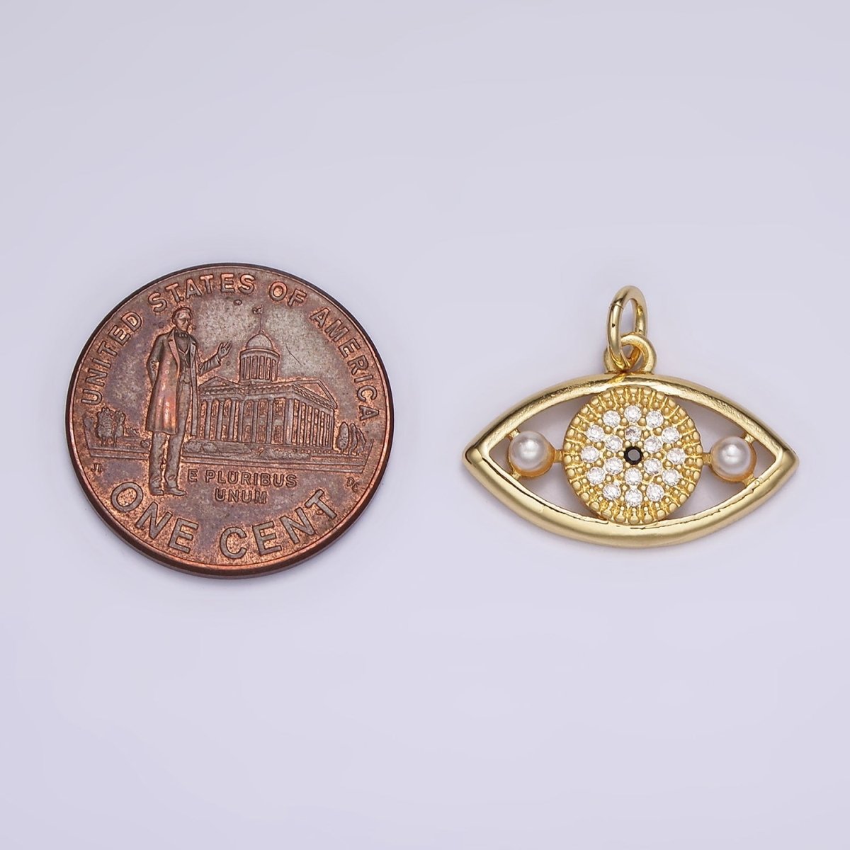 14K Gold Filled Evil Eye Double Pearl Clear Micro Paved CZ Open Charm in Gold & Silver | AC891 AC892