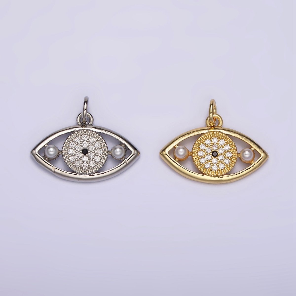 14K Gold Filled Evil Eye Double Pearl Clear Micro Paved CZ Open Charm in Gold & Silver | AC891 AC892
