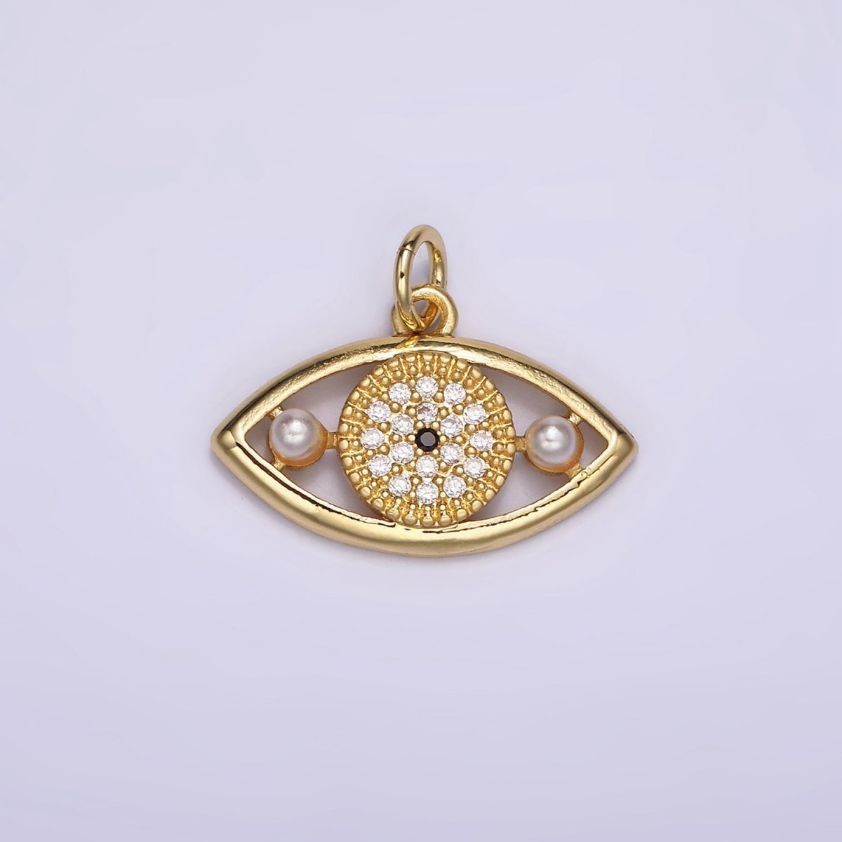 14K Gold Filled Evil Eye Double Pearl Clear Micro Paved CZ Open Charm in Gold & Silver | AC891 AC892
