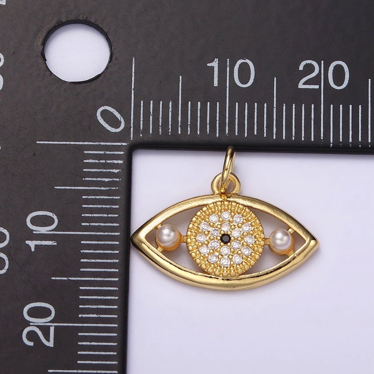 14K Gold Filled Evil Eye Double Pearl Clear Micro Paved CZ Open Charm in Gold & Silver | AC891 AC892