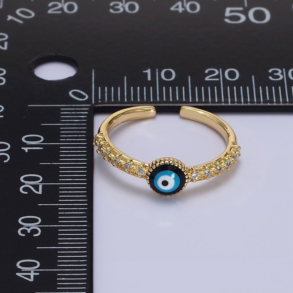 14K Gold Filled Evil Eye Enamel Clear CZ Lined Adjustable Ring | O-596