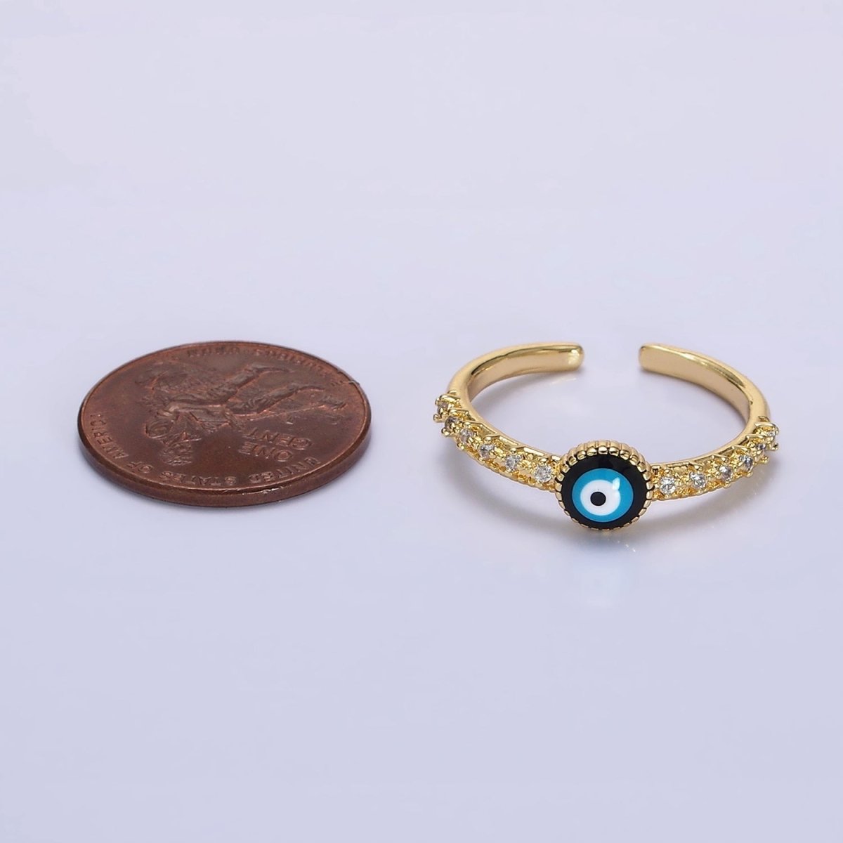 14K Gold Filled Evil Eye Enamel Clear CZ Lined Adjustable Ring | O-596