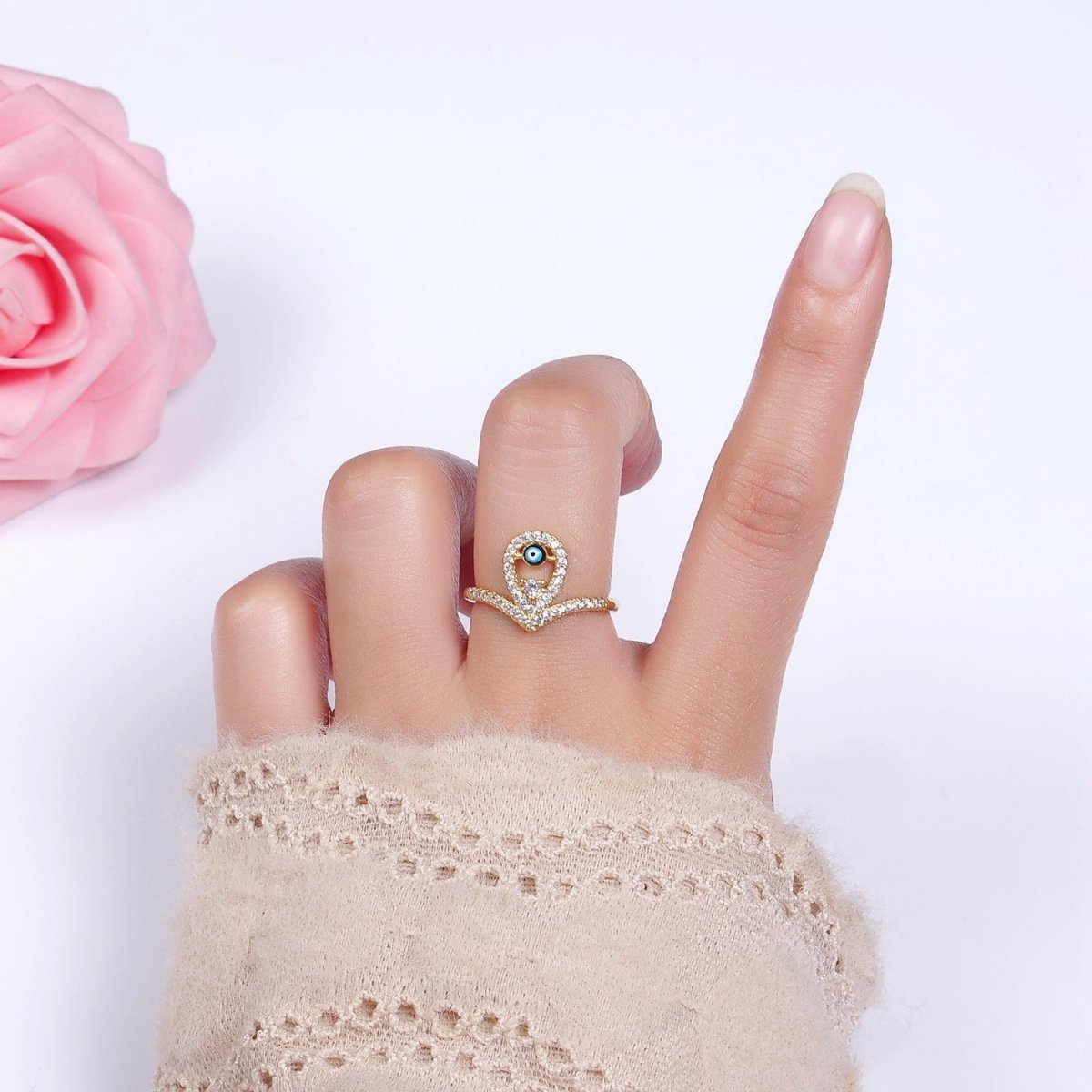 14K Gold Filled Evil Eye Enamel Open Teardrop Chevron Micro Paved CZ Ring | O-598