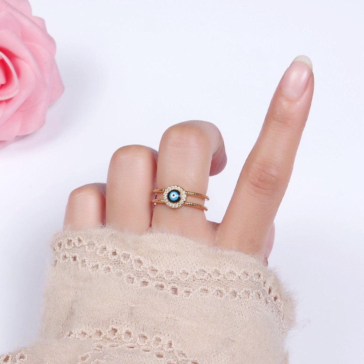 14K Gold Filled Evil Eye Enamel Round Micro Paved CZ Line-Textured Double Band Ring | O-597