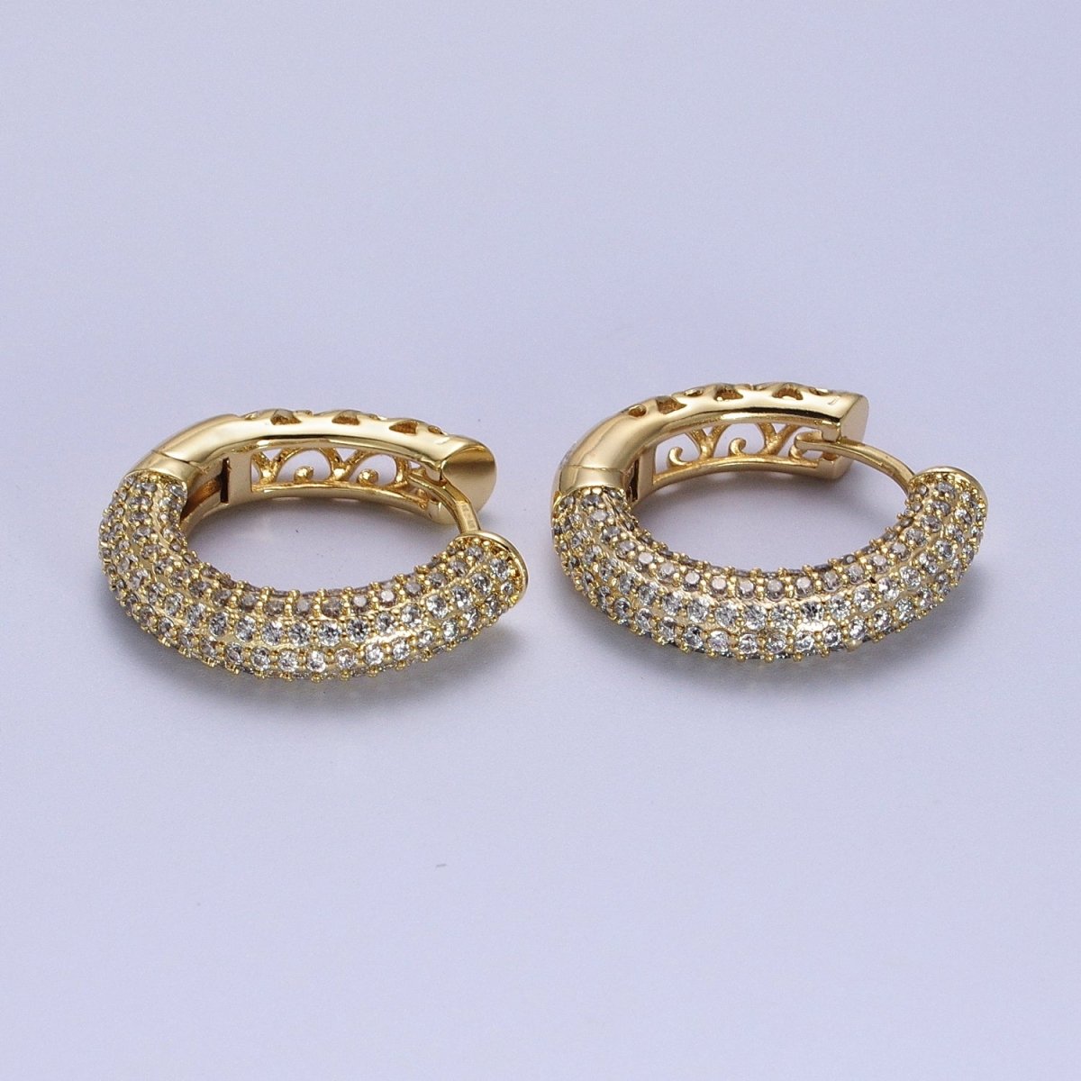 14K Gold Filled Filigree Micro Paved CZ 22.5mm Huggie Earrings | V-031 - DLUXCA