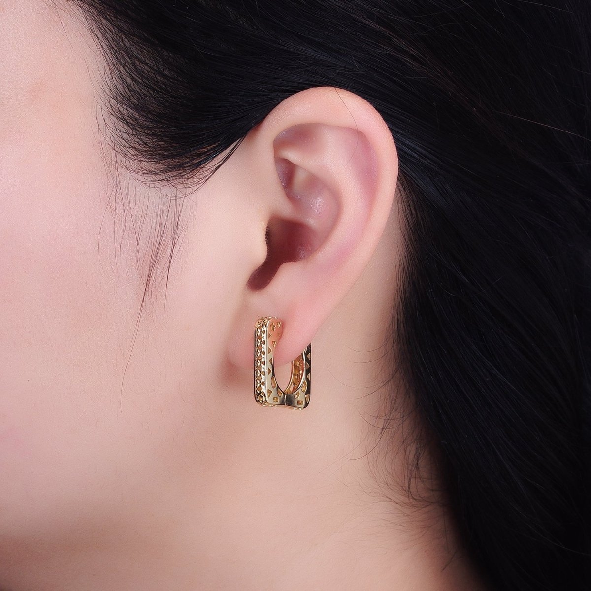 14K Gold Filled Filigree Star Thin Square Huggie Hoop Earrings | AB1526 - DLUXCA