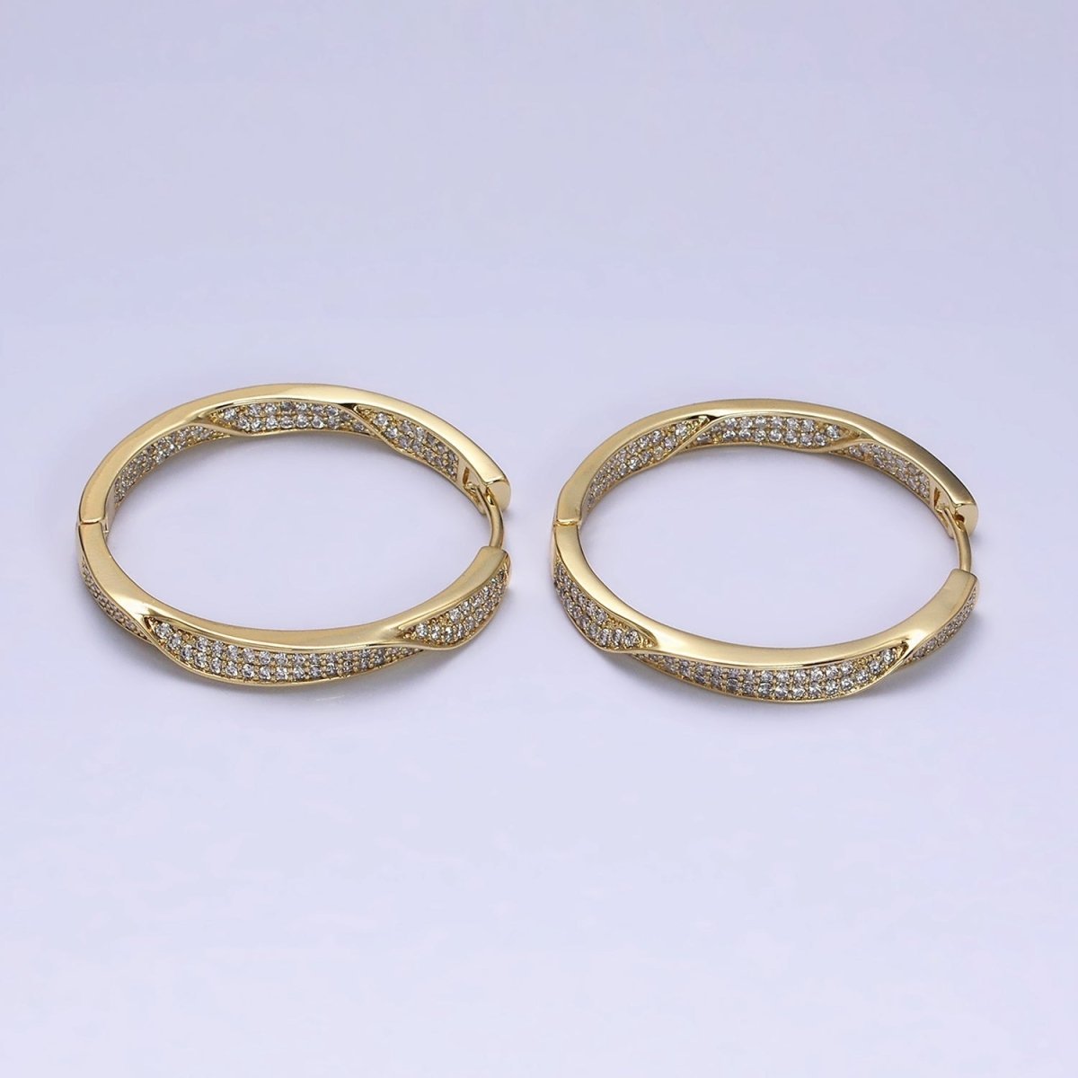 14K Gold Filled Flat Twisted Micro Paved CZ Front-Facing 33mm Endless Hoop Earrings | AD1455 - DLUXCA