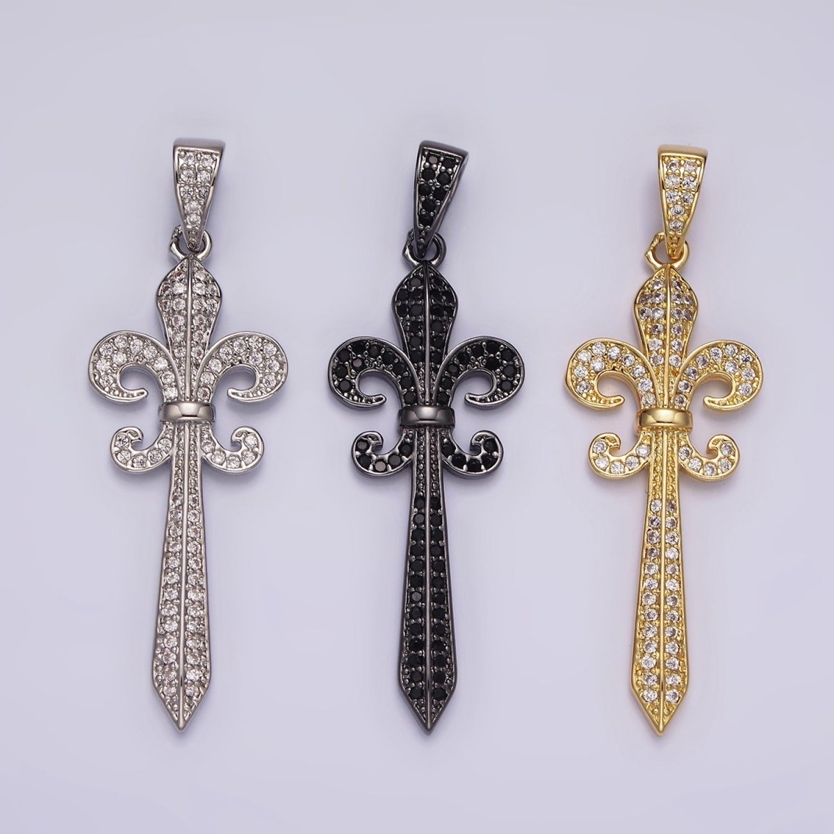 14K Gold Filled Fleur De Lis Sword Micro Paved CZ Pendant in Silver, Gold, Black | N1856 - N1858