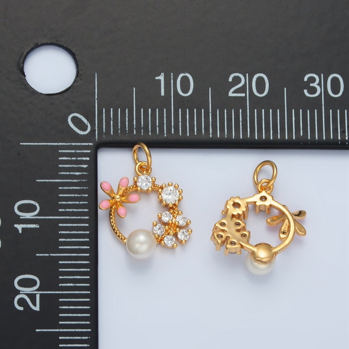14K Gold Filled Flower CZ Enamel Pearl Open Round Charm | AG879 - DLUXCA