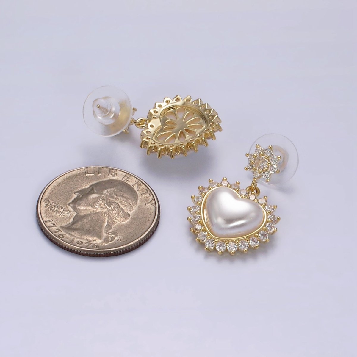 14K Gold Filled Flower CZ Heart Shell Pearl Drop Stud Earrings in Gold & Silver | AE317 AE318