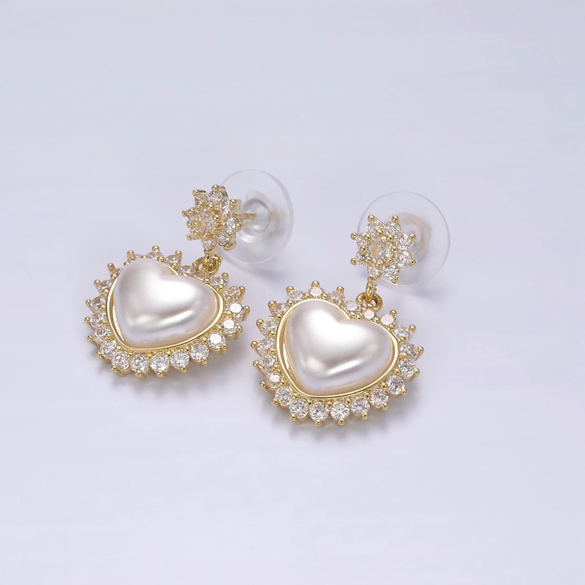 14K Gold Filled Flower CZ Heart Shell Pearl Drop Stud Earrings in Gold & Silver | AE317 AE318