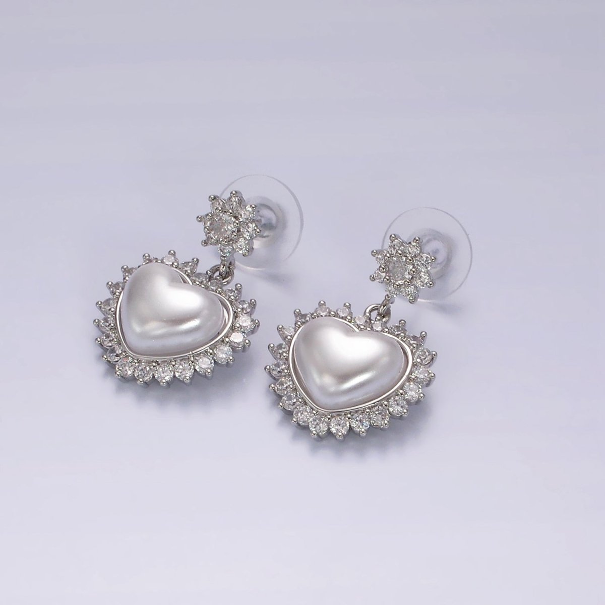 14K Gold Filled Flower CZ Heart Shell Pearl Drop Stud Earrings in Gold & Silver | AE317 AE318