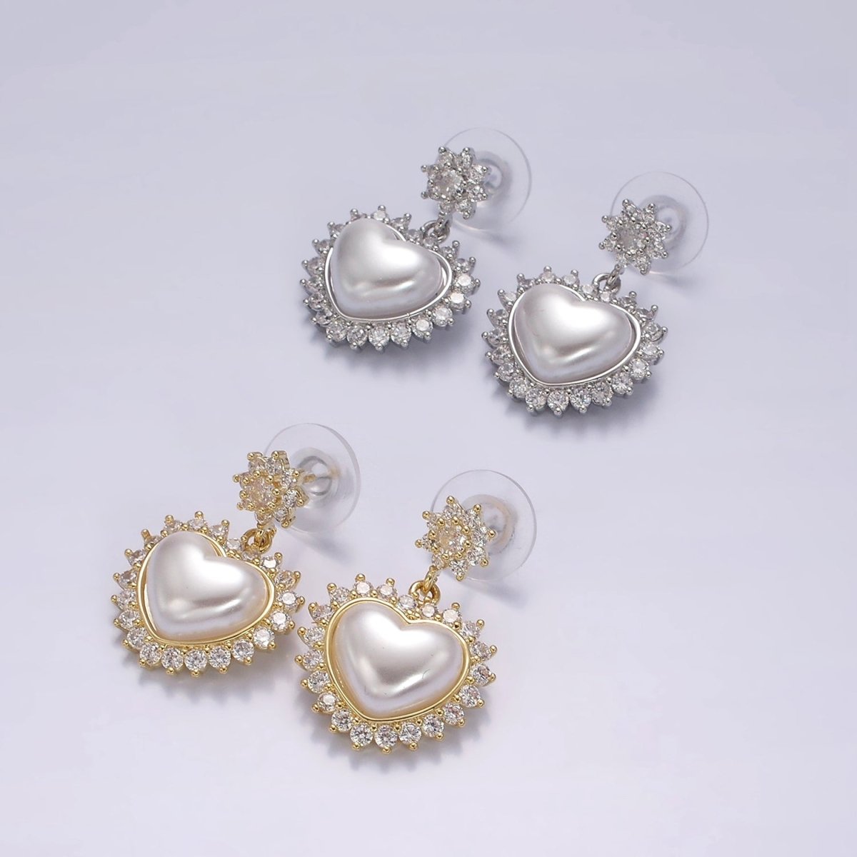 14K Gold Filled Flower CZ Heart Shell Pearl Drop Stud Earrings in Gold & Silver | AE317 AE318