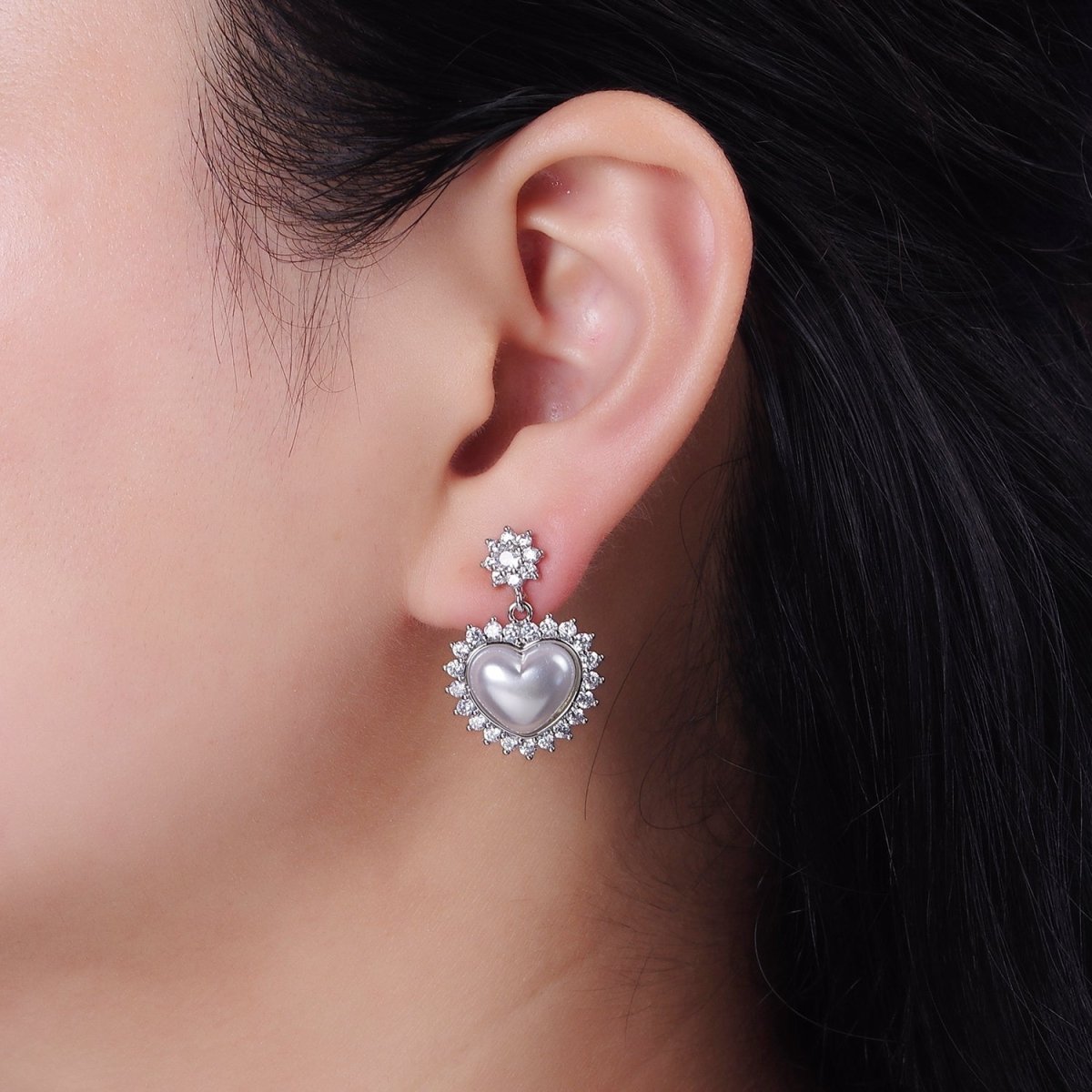 14K Gold Filled Flower CZ Heart Shell Pearl Drop Stud Earrings in Gold & Silver | AE317 AE318