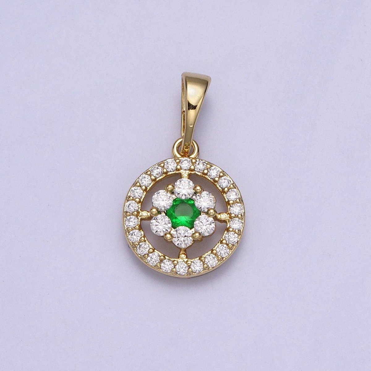 14K Gold Filled Flower Green, Blue, Fuchsia, Clear CZ Flower Micro Paved Round Pendant | AA042 - AA045