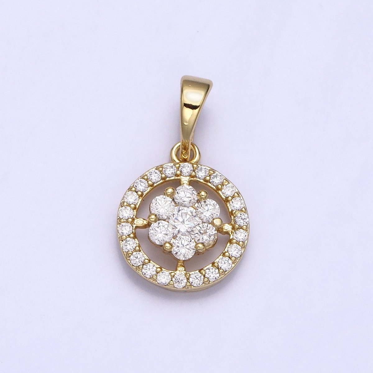 14K Gold Filled Flower Green, Blue, Fuchsia, Clear CZ Flower Micro Paved Round Pendant | AA042 - AA045