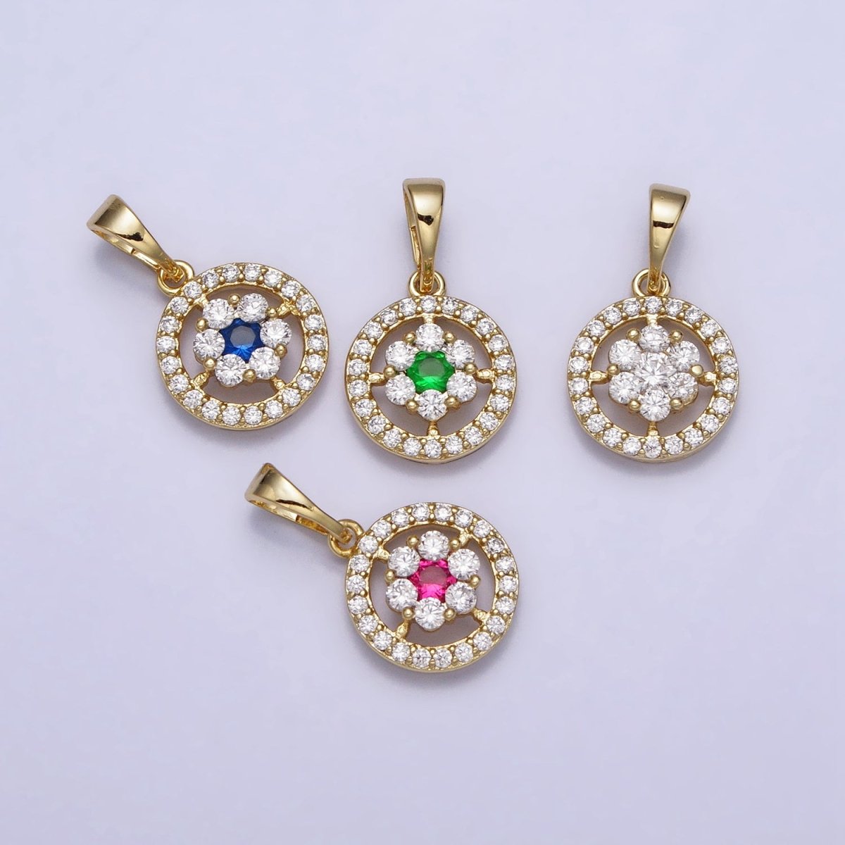 14K Gold Filled Flower Green, Blue, Fuchsia, Clear CZ Flower Micro Paved Round Pendant | AA042 - AA045