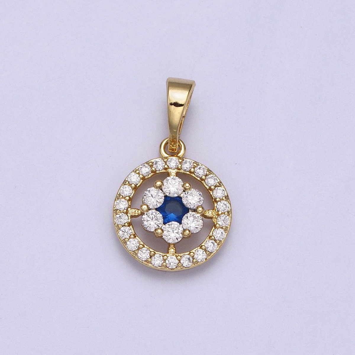 14K Gold Filled Flower Green, Blue, Fuchsia, Clear CZ Flower Micro Paved Round Pendant | AA042 - AA045