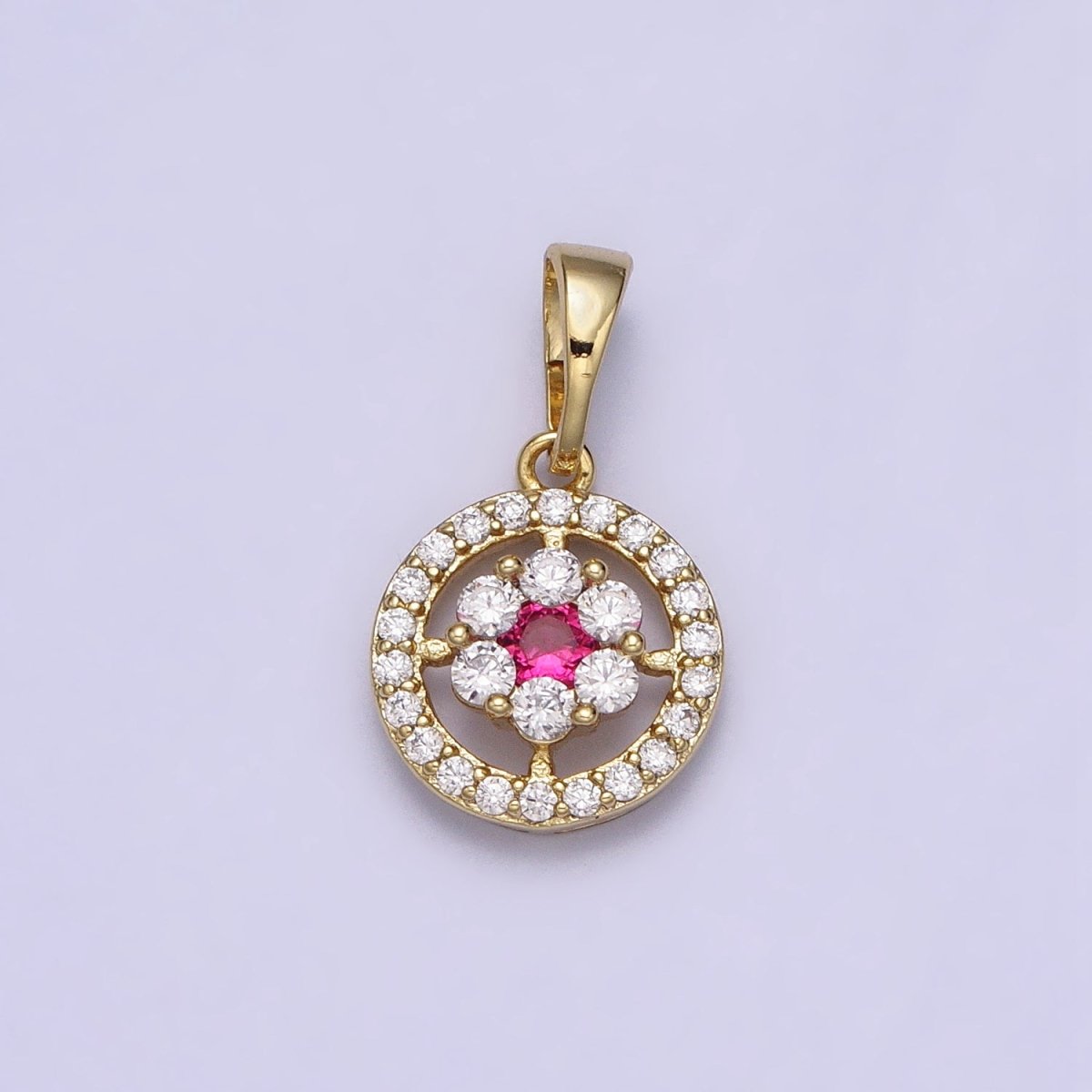14K Gold Filled Flower Green, Blue, Fuchsia, Clear CZ Flower Micro Paved Round Pendant | AA042 - AA045
