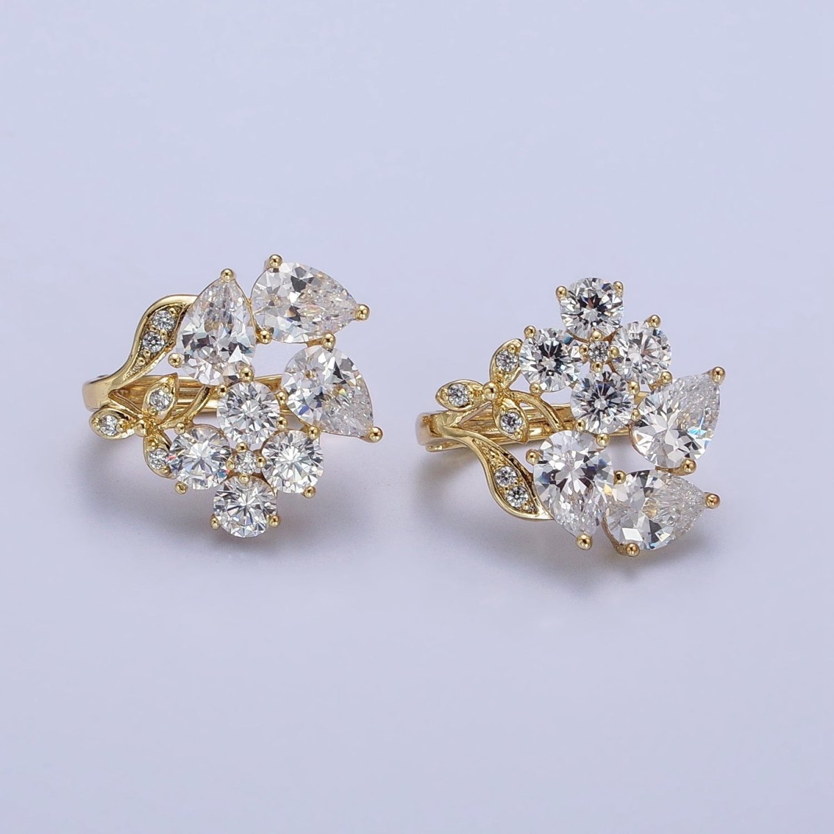 14K Gold Filled Flower Leaf Clear, Black CZ Teardrop Quatrefoil Micro Paved Huggie Earrings | AD1433 AD1434