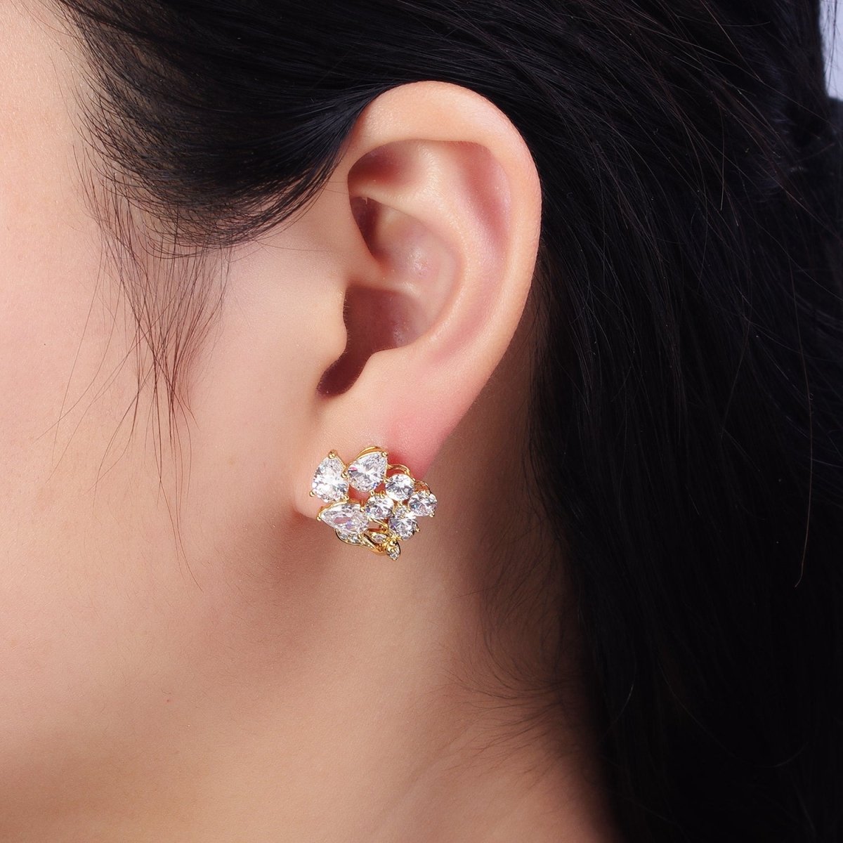 14K Gold Filled Flower Leaf Clear, Black CZ Teardrop Quatrefoil Micro Paved Huggie Earrings | AD1433 AD1434