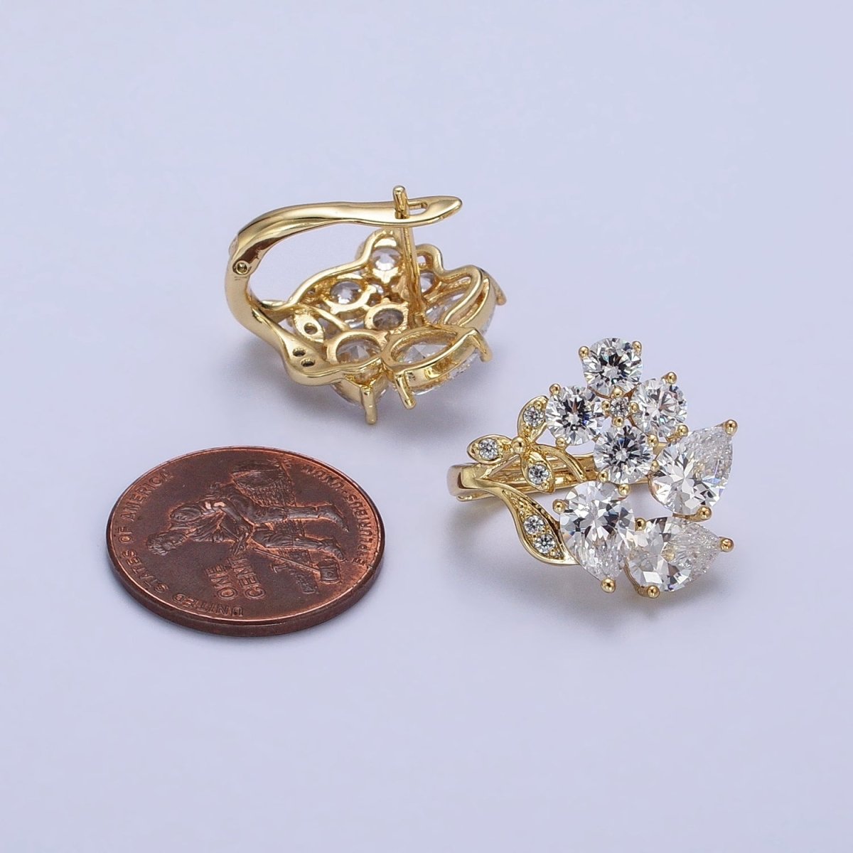 14K Gold Filled Flower Leaf Clear, Black CZ Teardrop Quatrefoil Micro Paved Huggie Earrings | AD1433 AD1434