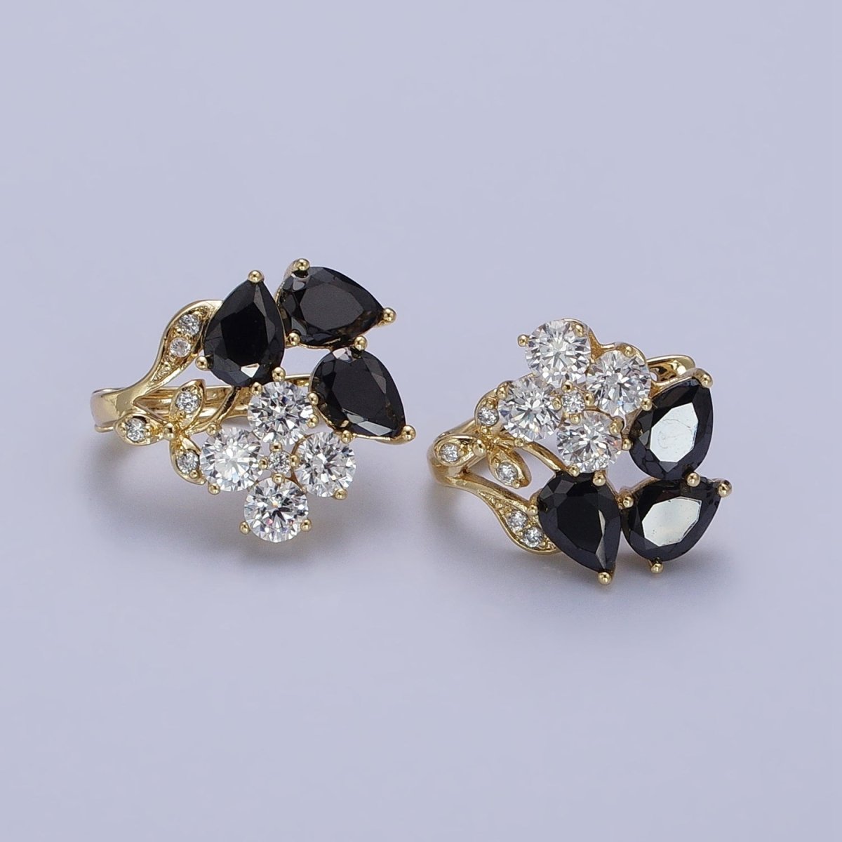 14K Gold Filled Flower Leaf Clear, Black CZ Teardrop Quatrefoil Micro Paved Huggie Earrings | AD1433 AD1434