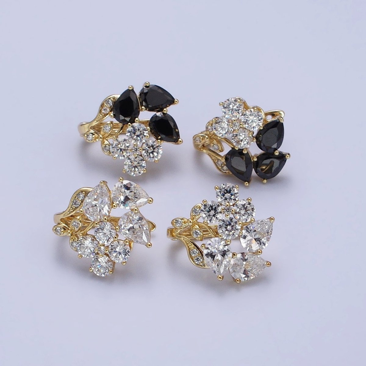14K Gold Filled Flower Leaf Clear, Black CZ Teardrop Quatrefoil Micro Paved Huggie Earrings | AD1433 AD1434