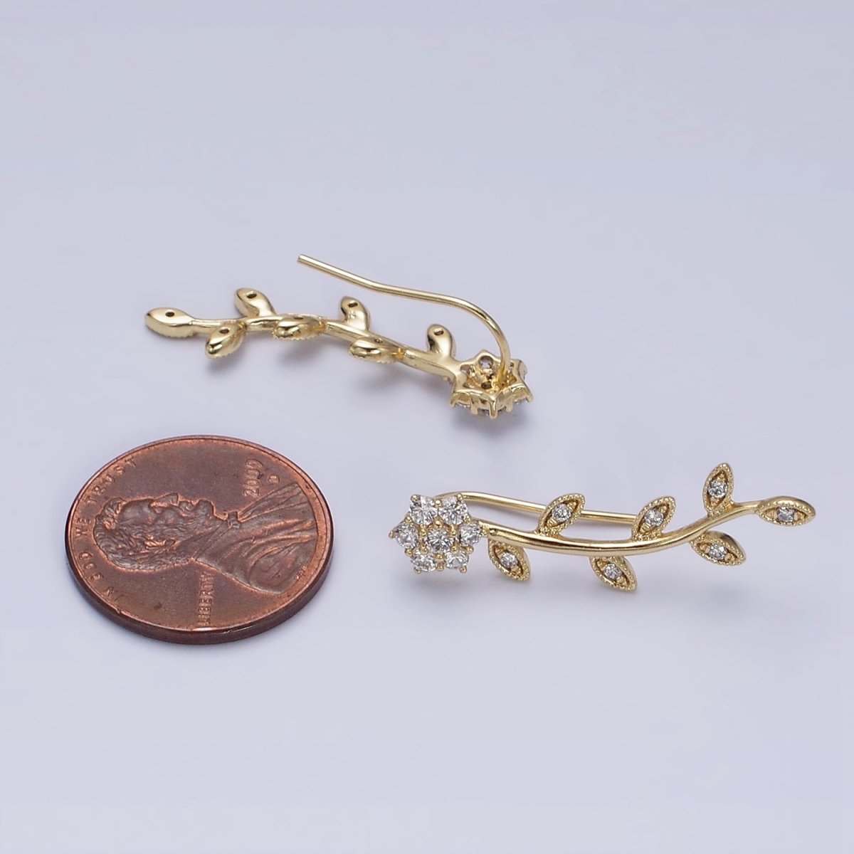 14K Gold Filled Flower Leaves Clear CZ Ear Climber in Gold & Silver | AD1430 AD1431