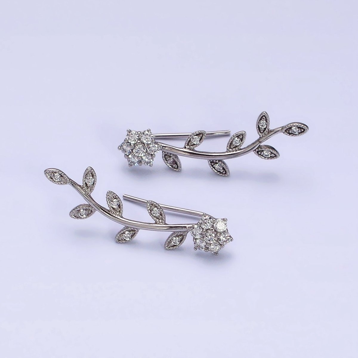 14K Gold Filled Flower Leaves Clear CZ Ear Climber in Gold & Silver | AD1430 AD1431