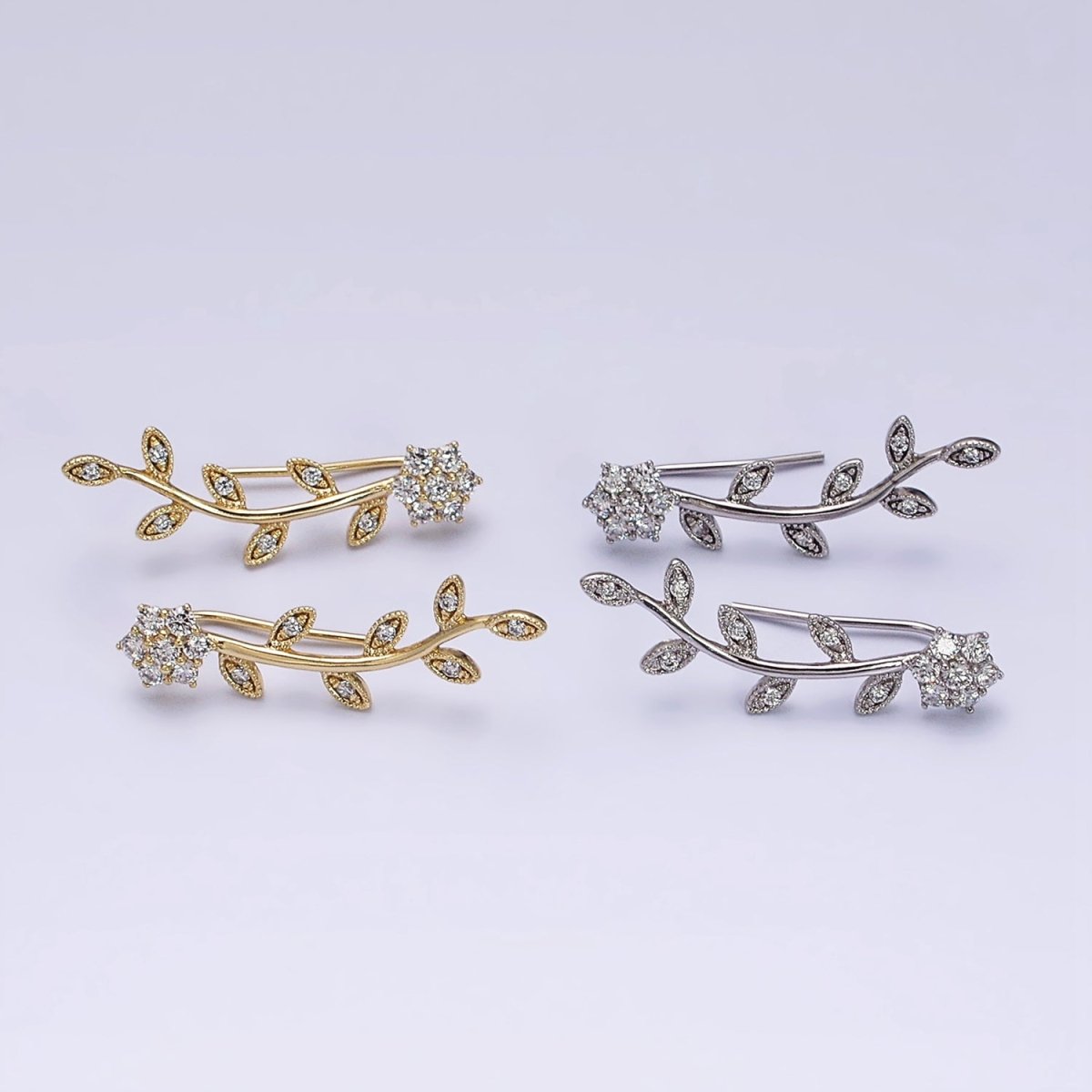 14K Gold Filled Flower Leaves Clear CZ Ear Climber in Gold & Silver | AD1430 AD1431