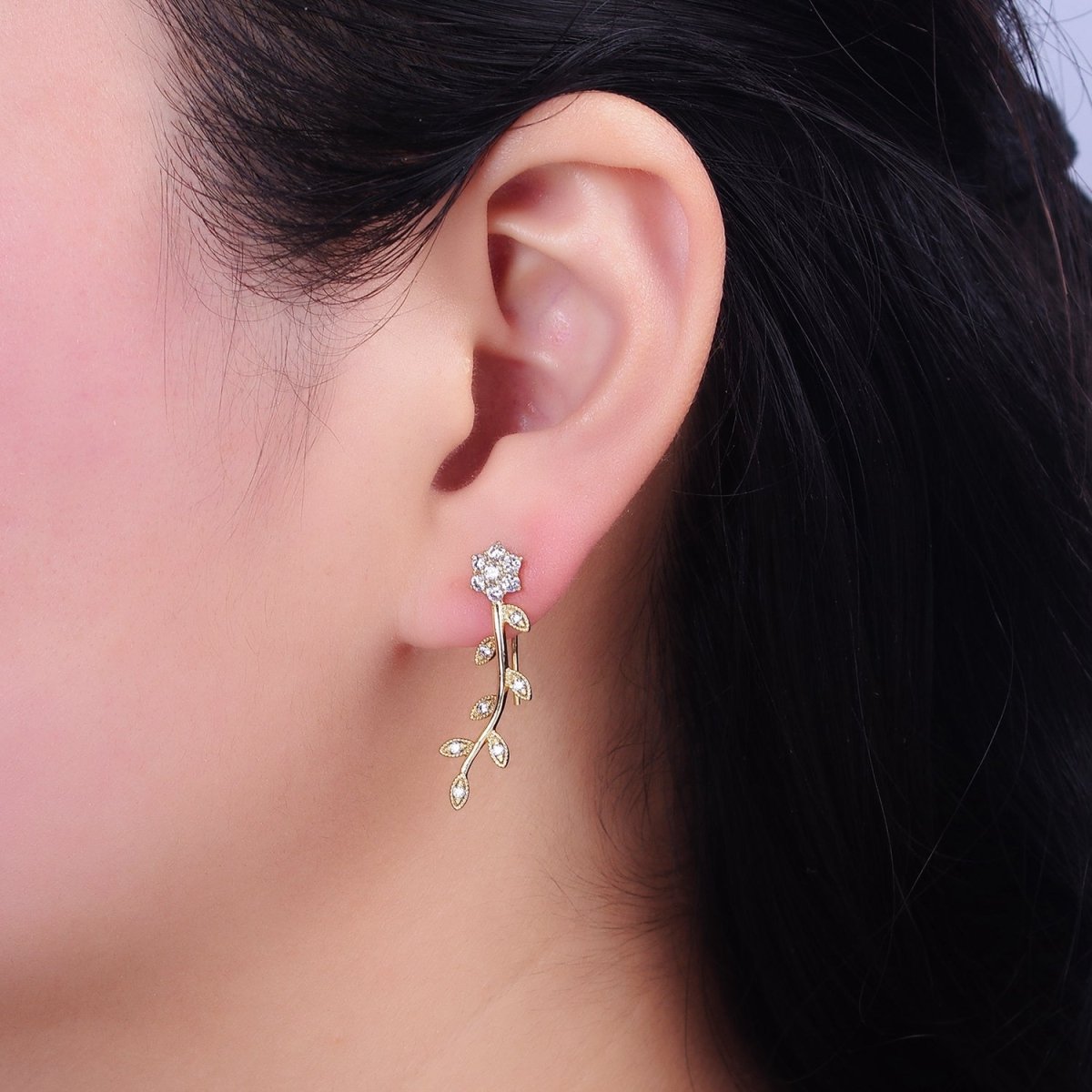 14K Gold Filled Flower Leaves Clear CZ Ear Climber in Gold & Silver | AD1430 AD1431