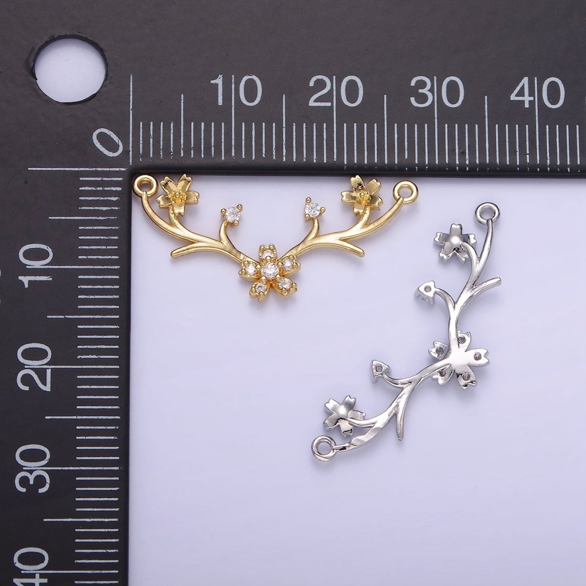 14K Gold Filled Flower Nature Branch CZ Curved Connector in Gold & Silver | G282