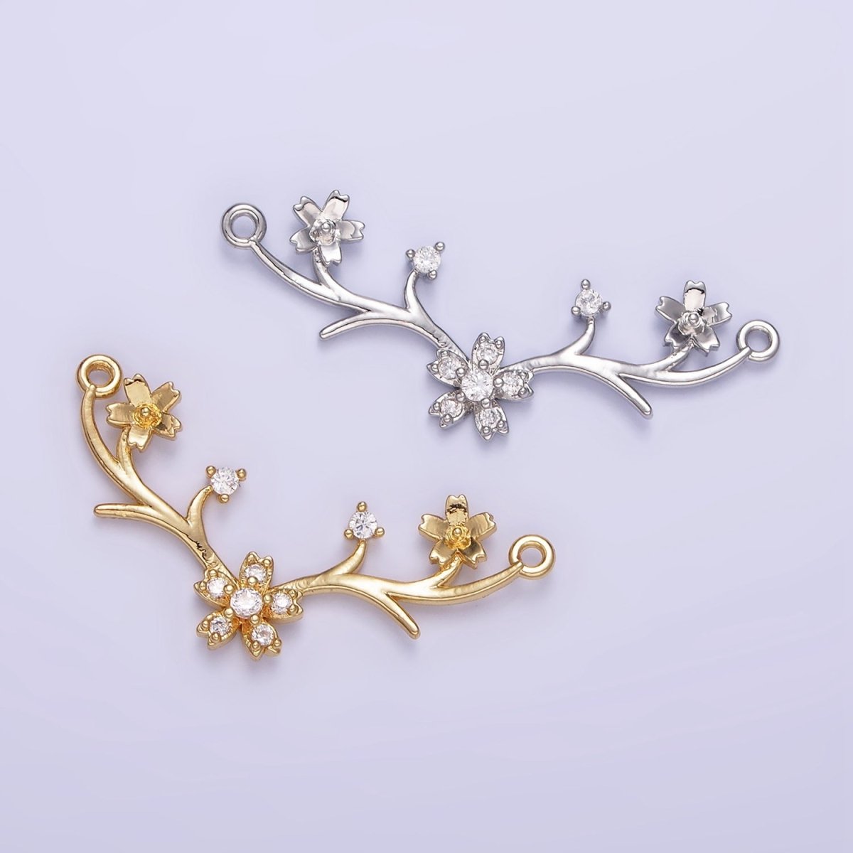 14K Gold Filled Flower Nature Branch CZ Curved Connector in Gold & Silver | G282