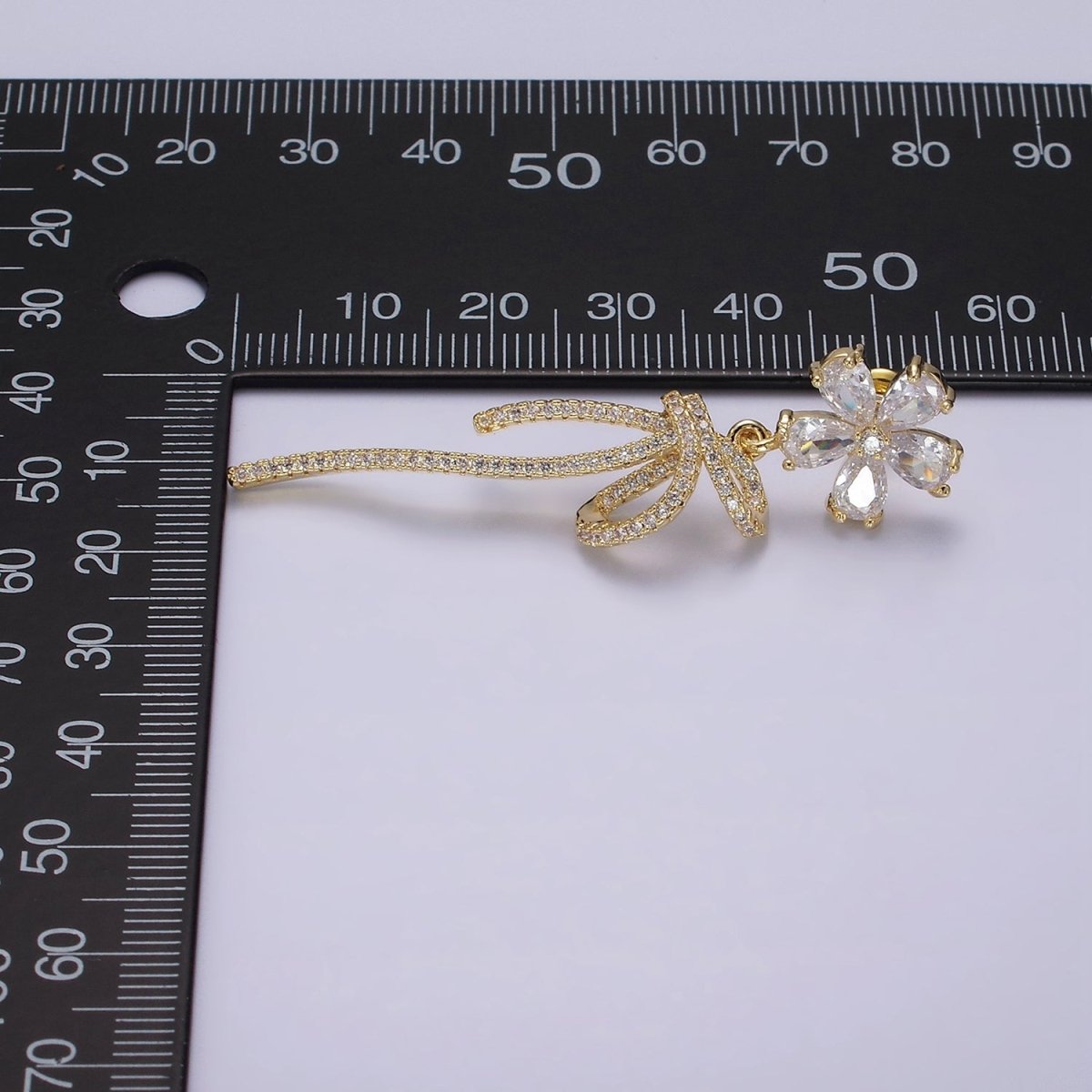 14K Gold Filled Flower Ribbon Bow Micro Paved CZ Drop Stud Earrings Set in Silver | AE249